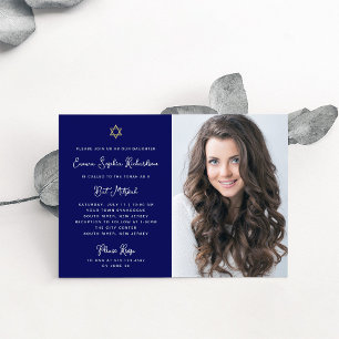 Sweet and Simple Blue White Gold Photo Bat Mitzvah Invitation