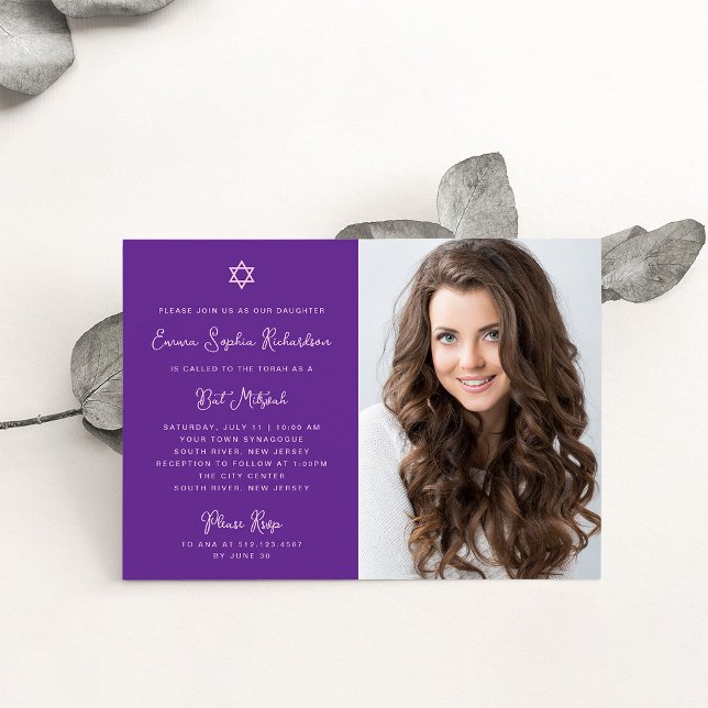 Sweet and Simple Pink and Purple Photo Bat Mitzvah Invitation (Creator Uploaded)