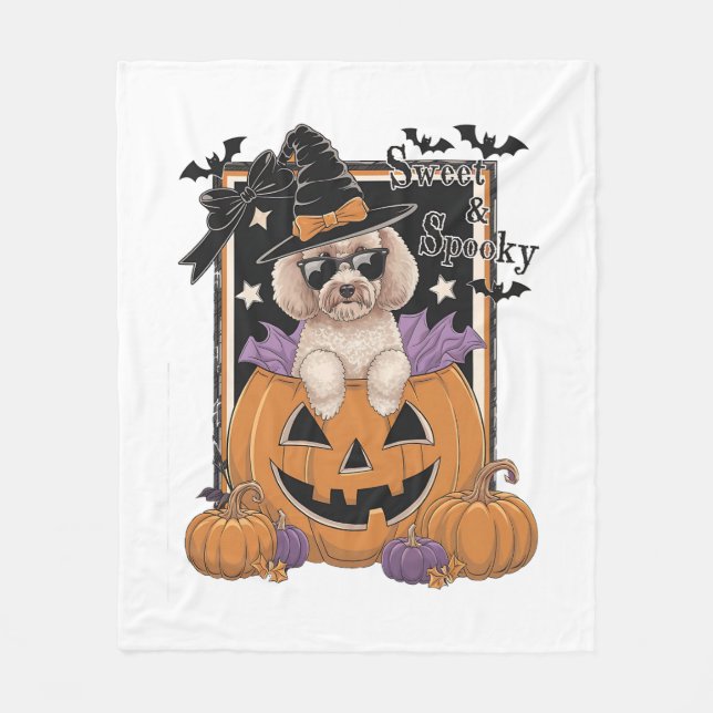 Sweet and Spooky Poodle and Pumpkin Fleece Blanket (Front)