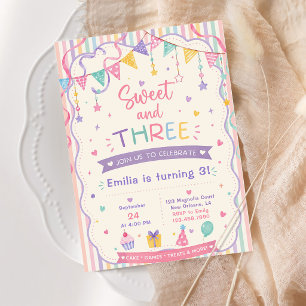 Sweet and Three candy sweets pastel 3rd birthday Invitation