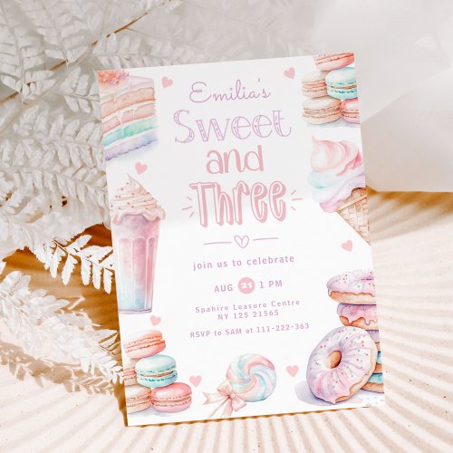 Sweet and Three candy sweets pastel 3rd birthday Invitation