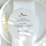 Sweet and Whimsical | Black and White Wedding Menu<br><div class="desc">This simple and stylish, black and white round wedding menu cards feature whimsical, vintage style script typography. Add your dinner choices for starters or appetizers, first course, main course or entrée, and desserts. An elegant, classic minimalist look that is still unique and contemporary and is perfect for either your wedding...</div>