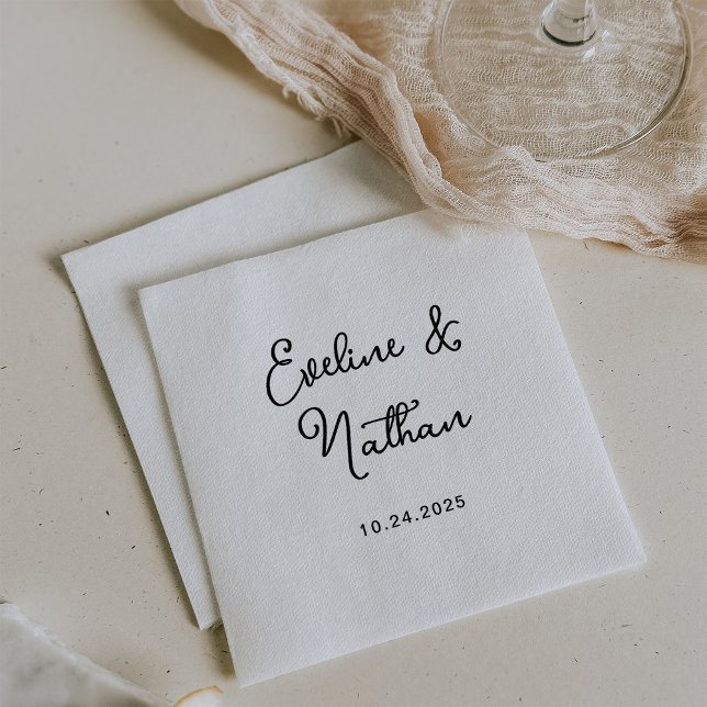 Sweet and Whimsical | Black and White Wedding Napkins (Stylish black and white wedding napkins with your names in whimsical script)