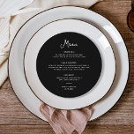 Sweet and Whimsical Black | Wedding Menu<br><div class="desc">This simple and stylish, dark black round wedding menu cards feature whimsical, vintage style white script typography. Add your dinner choices for starters or appetizers, first course, main course or entrée, and desserts. An elegant, classic minimalist look that is still unique and contemporary and is perfect for either your wedding...</div>