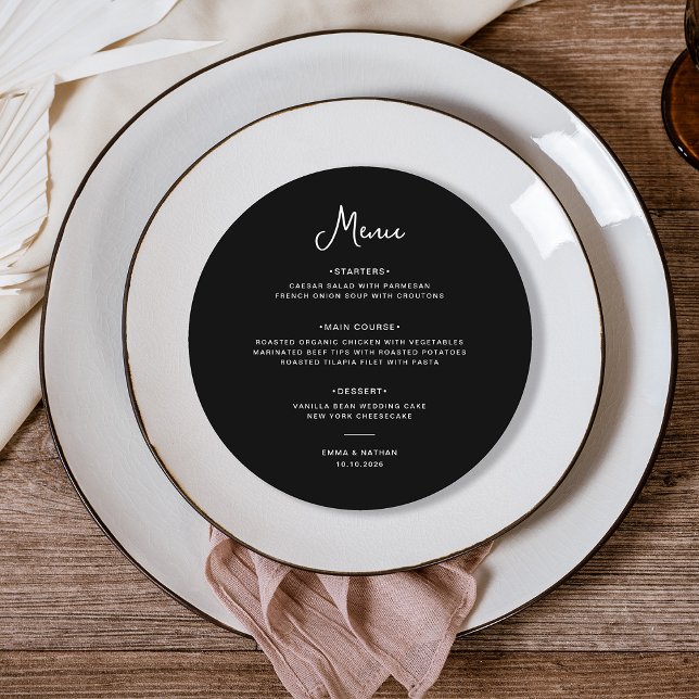 Sweet and Whimsical Black | Wedding Menu (A sweet and whimsical, dark black round wedding menu)