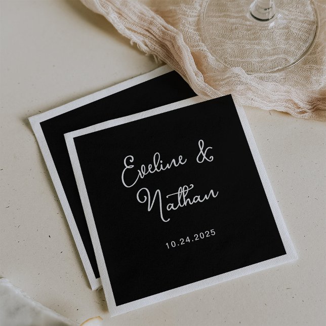 Sweet and Whimsical | Black Wedding Napkins (Stylish black wedding napkins with your names in whimsical script)