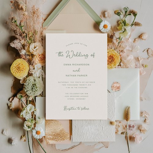 Sweet and Whimsical  Ivory and Sage Green Wedding Invitation