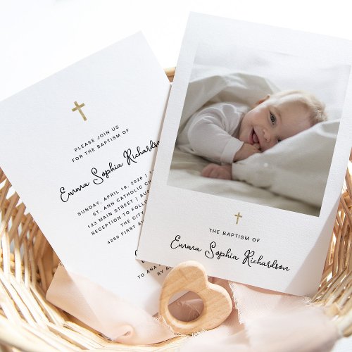 Sweet and Whimsical  Photo and Gold Cross Baptism Invitation