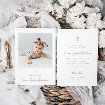 Sweet And Whimsical | Photo And Rose Gold Baptism Invitation by christine592 at Zazzle