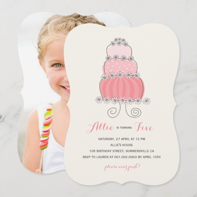 Sweet And Whimsical Pink Cake Girl Birthday Party Invitation (Front/Back)