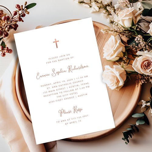 Sweet and Whimsical  Rose Gold Colored Baptism Invitation