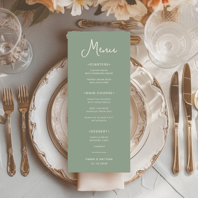 Sweet and Whimsical | Sage Green and Ivory Wedding Menu (A trendy and elegant sage green wedding menu with ivory typography)