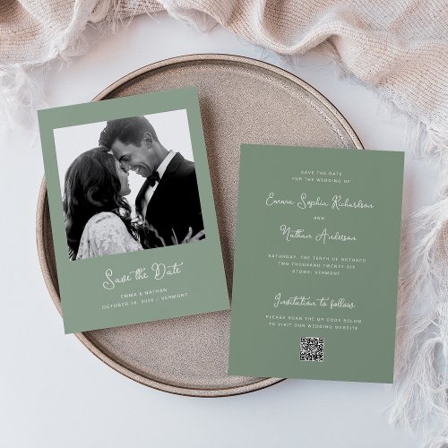 Sweet and Whimsical Sage Green  Photo and QR Code Save The Date