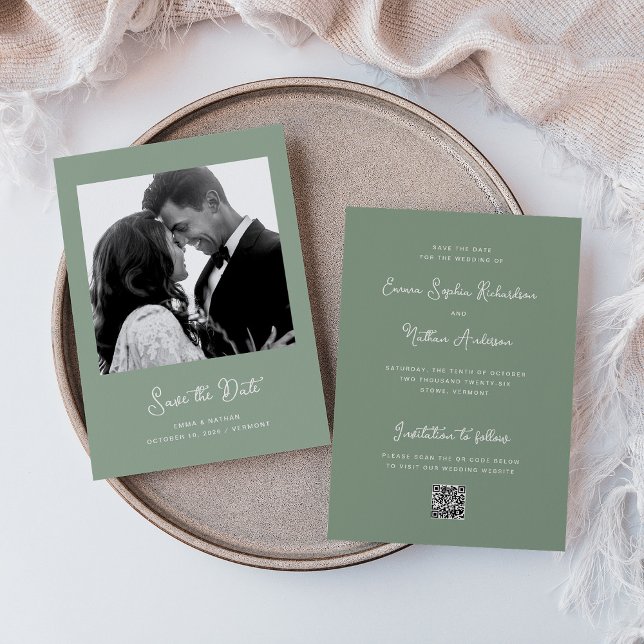 Sweet and Whimsical Sage Green | Photo and QR Code Save The Date (An elegant, sage green save the date card)
