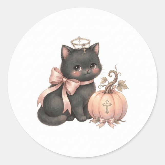 Sweet Angel Cat & Pumpkin Fall Sticker (Front)
