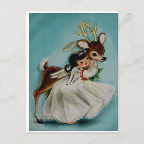 Sweet Angel Girl hugging adorable deer Postcard