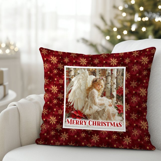Sweet Angel Poinsettia Red Gold Kids Room Christma Throw Pillow (Sweet Angel Poinsettia Red Gold Kids Room Christmas Pillow

)