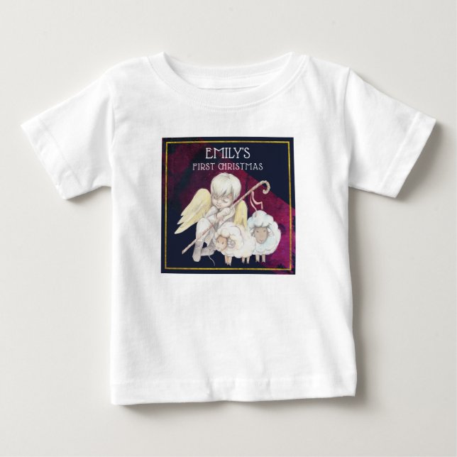 Sweet Angel Shepherd with Lambs First Christmas Baby T-Shirt (Front)