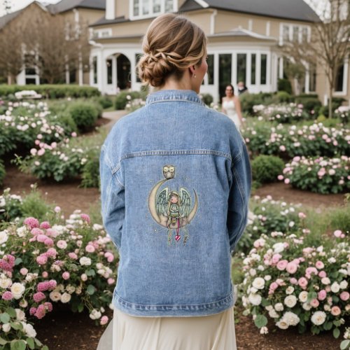 Sweet Angel sitting on Moon with Owl Friend Denim Jacket