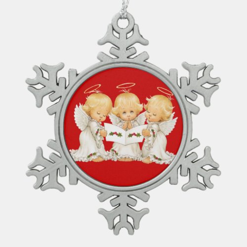 Sweet Angels Christmas Carols Snowflake Pewter Christmas Ornament