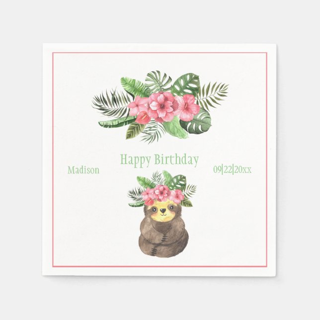 Sweet Animal Sloth Floral Pink Name Girly Birthday Napkins (Front)