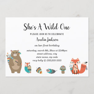 Sweet Animal Tribal She's A Wild One Birthday Invitation