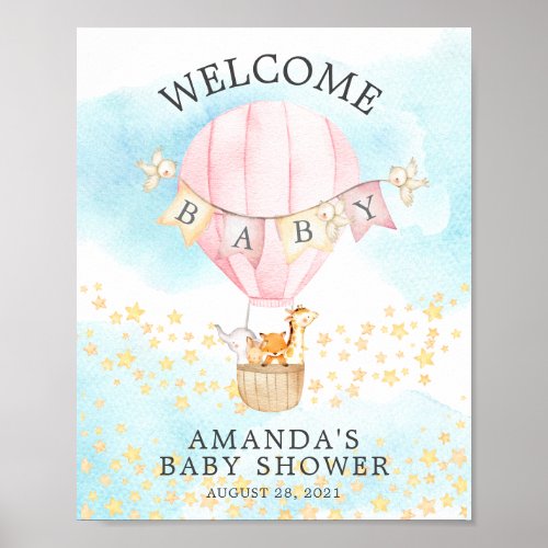 Sweet Animals Hot Air Balloon Welcome Shower Poster