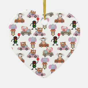 Sweet Animals In Cars With Traffic Light Pattern Ceramic Ornament