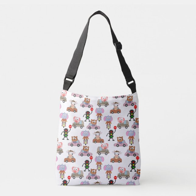 Sweet Animals In Cars With Traffic Light Pattern Crossbody Bag (Front)