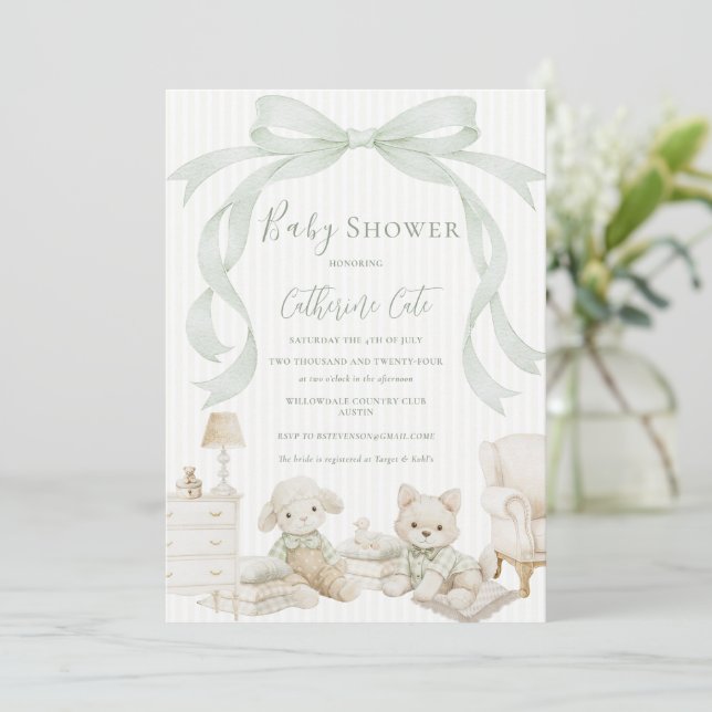 Sweet Animals Sage Green Ribbon Vintage Baby Invitation (Standing Front)