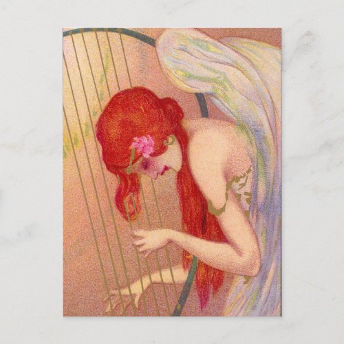 Sweet Antique Redheaded Angel on the Harp Postcard
