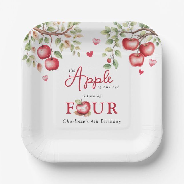 Sweet Apple Of Our Eye | 4th Birthday Paper Plates (Front)