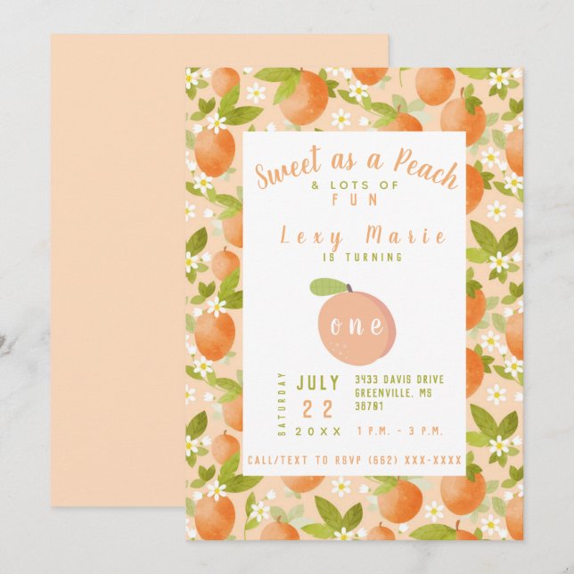 Sweet as a Peach 1st Birthday Invitation (Front/Back)