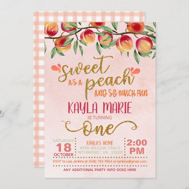 Sweet as a Peach 1st Birthday Invitation - Gingham (Front/Back)