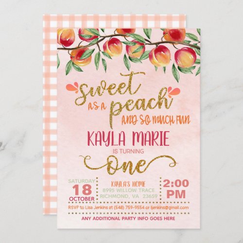 Sweet as a Peach 1st Birthday Invitation _ Gingham