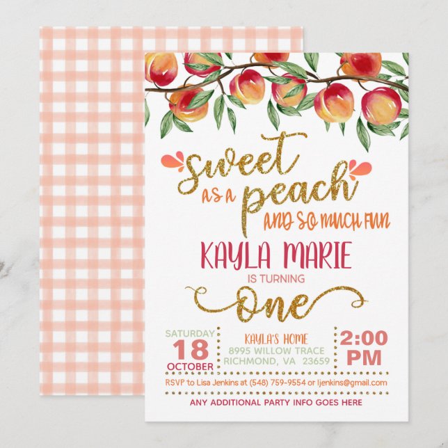 Sweet as a Peach 1st Birthday Invitation - W GG (Front/Back)