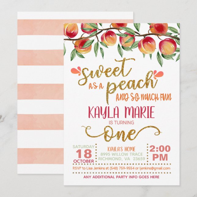 Sweet as a Peach 1st Birthday Invitation - W ST (Front/Back)