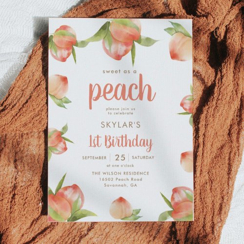 Sweet As A Peach 1st Birthday Party  Invitation