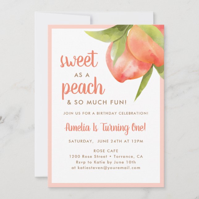Sweet As A Peach 1st Birthday Party Invitations (Front)