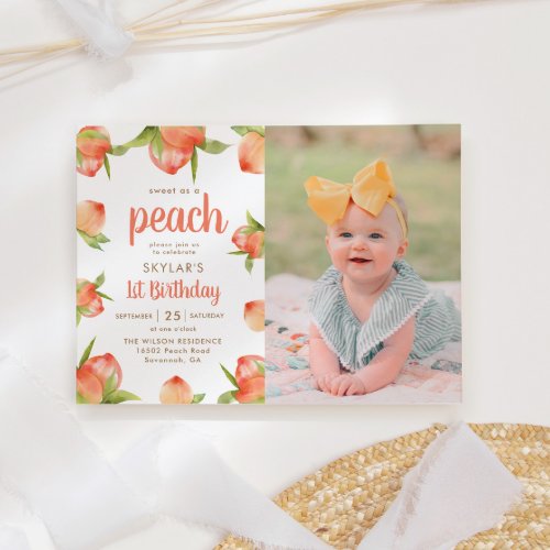 Sweet As A Peach 1st Birthday Photo Invitation
