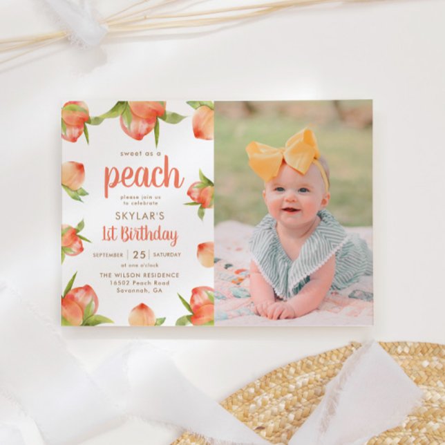 Sweet As A Peach 1st Birthday Photo Invitation (Creator Uploaded)