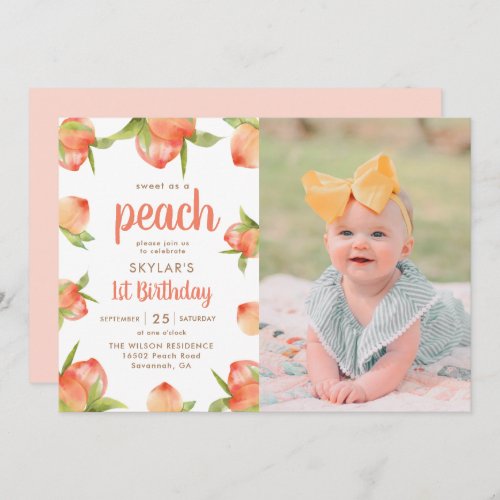 Sweet As A Peach 1st Birthday Photo Invitation
