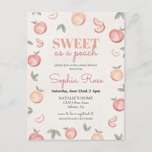 Sweet as a peach baby shower invite (Front)