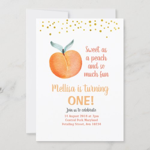 Sweet as a peach Birthday gold Invitation