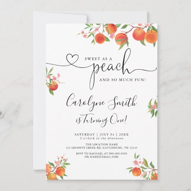 Sweet As A Peach Birthday Invitation (Front)