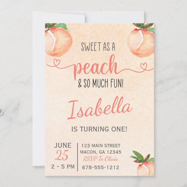 Sweet as a Peach Birthday Party Invitation (Front)