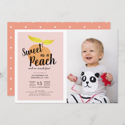 Sweet as a Peach Cute Girl Photo1st Birthday Invitation