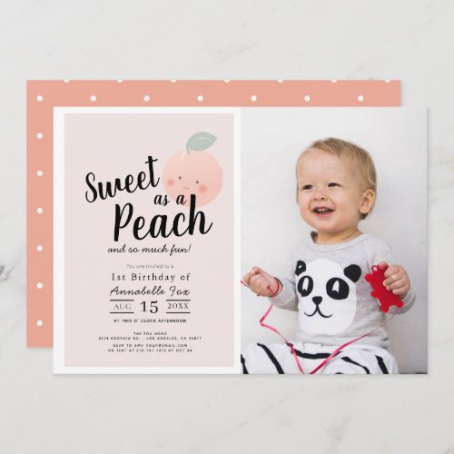 Sweet as a Peach Cute Girl Photo 1st Birthday Invitation