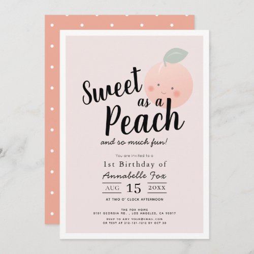 Sweet as a Peach Cute Kawaii Girl 1st Birthday Invitation
