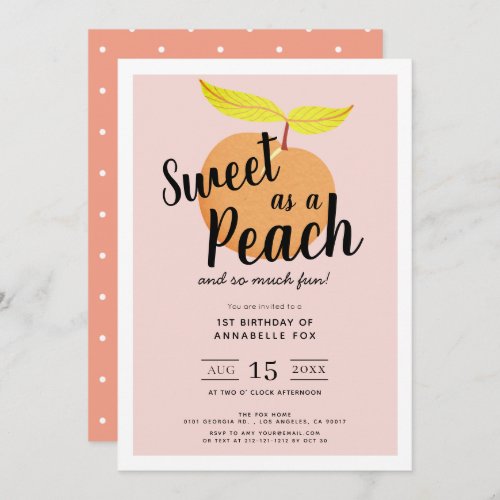 Sweet as a Peach Cute Retro Girl 1st Birthday Invitation